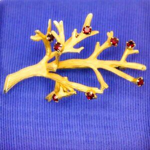 Vintage 12K Gold Filled Turin Inc Ruby Red Rhinestone Floral Tree Brooch Pin
